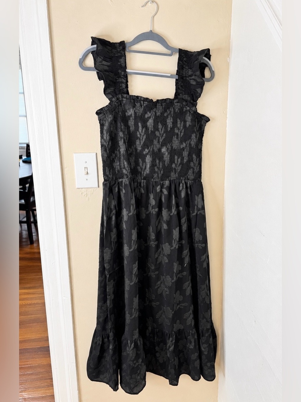 Women's Black Floral Maxi Dress with Ruffle Straps